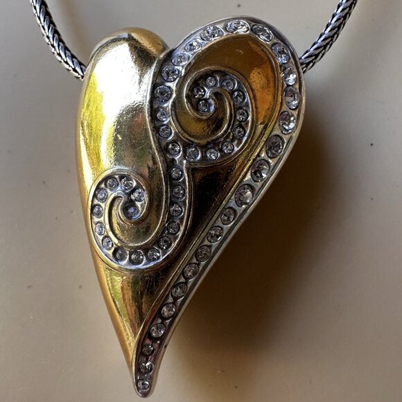 Brighton Pendant Necklace 16" Swarovski Crystal Silver Gold Tone Puffy Heart - Picture 7 of 11